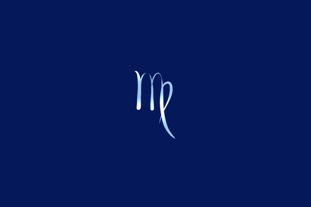 Símbolo do signo de Virgem em tom azul-claro, centralizado sobre um fundo azul-marinho.