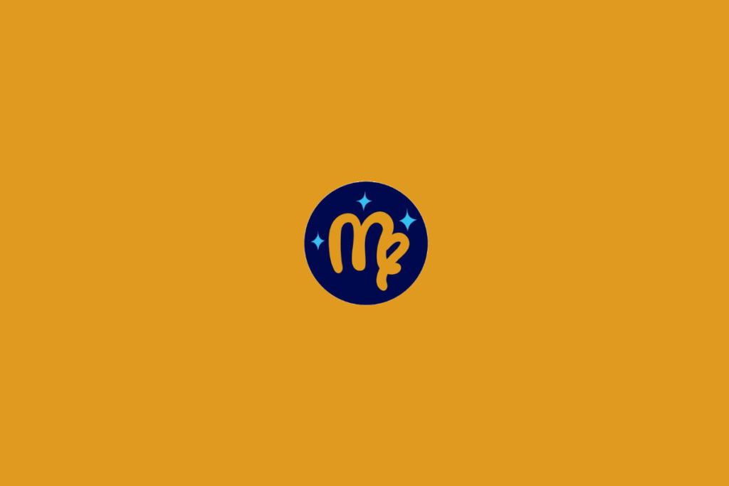 Ilustração estilizada do símbolo de Virgem em amarelo-dourado, formado por linhas curvas verticais e uma extensão arredondada na lateral. O símbolo aparece dentro de um círculo azul-marinho, acompanhado por pequenas estrelas azul-claro. O fundo é laranja.