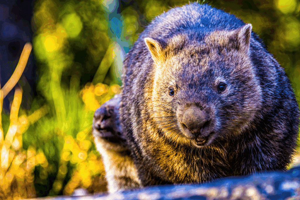 Foto com foco em um vombate com pelagem curta marrom ao pôr do sol