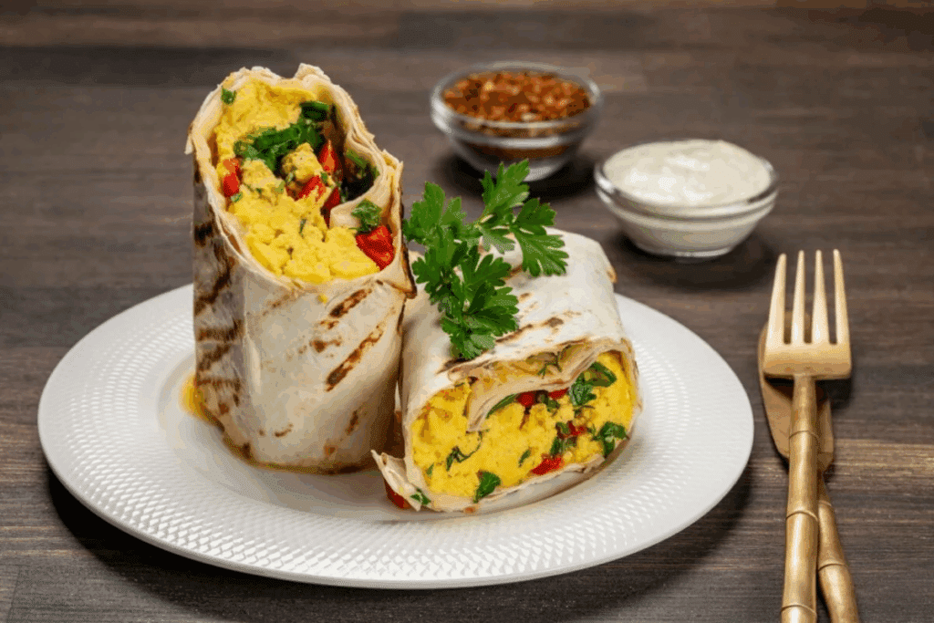 Wrap de ovo cortado ao meio e servido em prato branco, com recheio de ovos, tomate e cheiro-verde, acompanhado de salsinha fresca e potinhos de molho ao fundo.