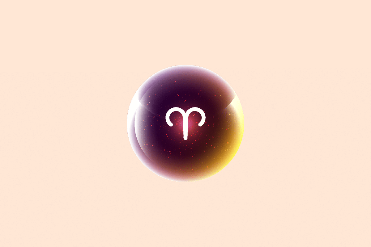 Ilustração do signo Áries, contendo uma esfera brilhante em tons de roxo, rosa e dourado com o símbolo branco de Áries, em forma de chifres de carneiro, em fundo pêssego.
