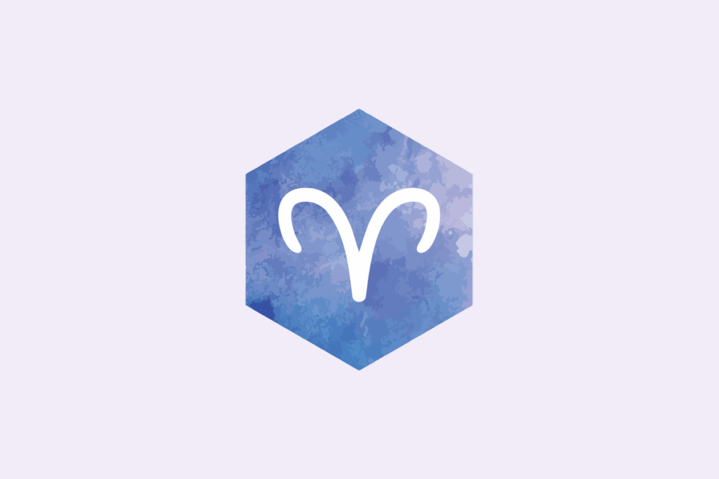 Símbolo do signo Áries: traço branco em forma de "V" com as pontas curvadas para fora, lembrando chifres de carneiro, dentro de um hexágono pintado em aquarela azul e lilás; em fundo lavanda-claro.