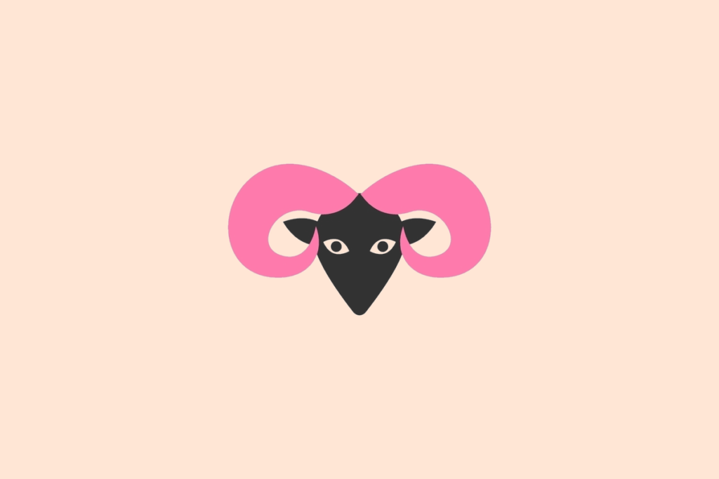 Ilustração do signo Áries, contendo a cabeça de um carneiro preto com grandes chifres rosa enrolados, em fundo pêssego.