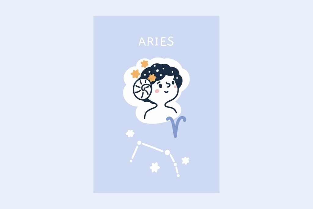 Ilustração do signo Áries, contendo um cartão azul com o nome ARIES escrito no topo, um menino com cabelo escuro estrelado, um chifre de carneiro em espiral na cabeça e piscando, ao lado do símbolo azul do signo e, abaixo, a constelação de Áries desenhada em branco com pequenas estrelas, em fundo azul bem claro.