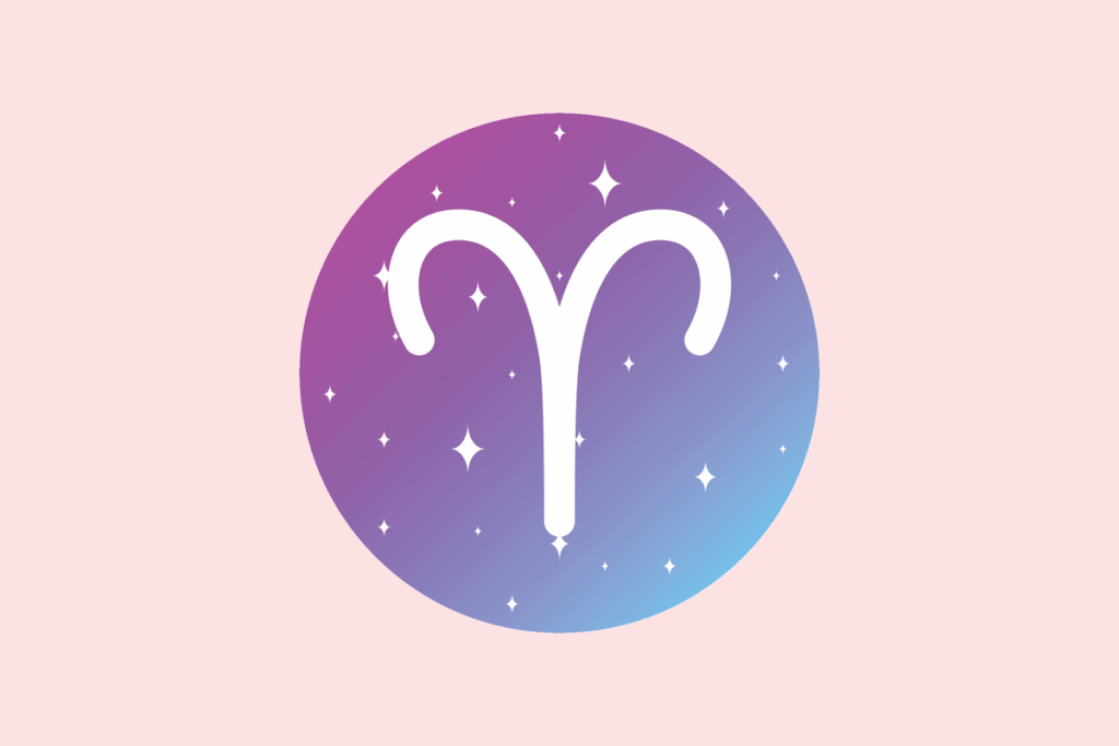 Ilustração do signo Áries: círculo em degradê de roxo para azul, com pequenas estrelas brancas, e no centro o símbolo branco de Áries, dois arcos que se abrem para os lados lembrando os chifres de um carneiro, unidos por uma haste vertical; em fundo rosa-salmão.
