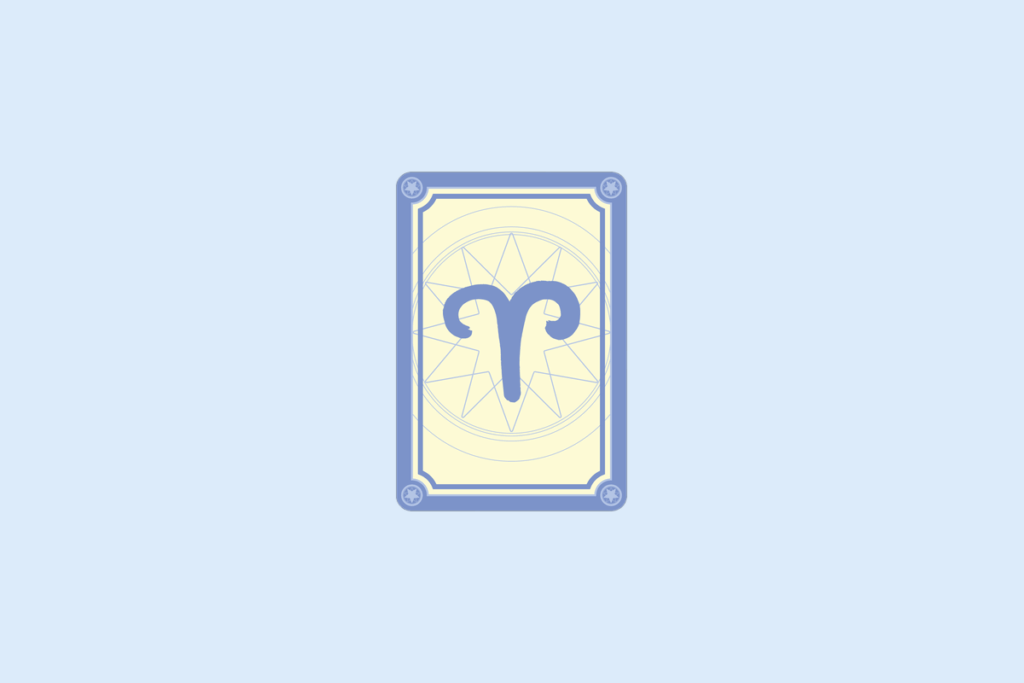 Ilustração do signo Áries: carta com moldura azul-lavanda, cantos decorados com estrelinhas e fundo creme com uma mandala de estrela em linhas finas; no centro, o símbolo de Áries em azul-lavanda, dois arcos que se abrem para os lados lembrando os chifres de um carneiro, unidos por uma haste vertical; em fundo azul-claro.