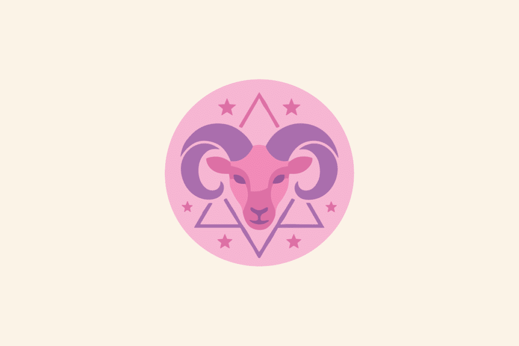 Ilustração do signo Áries: círculo rosa com a cabeça de um carneiro rosa vista de frente, com grandes chifres lilás enrolados em espiral, sobre um hexagrama de linhas finas e pequenas estrelas; em fundo creme.