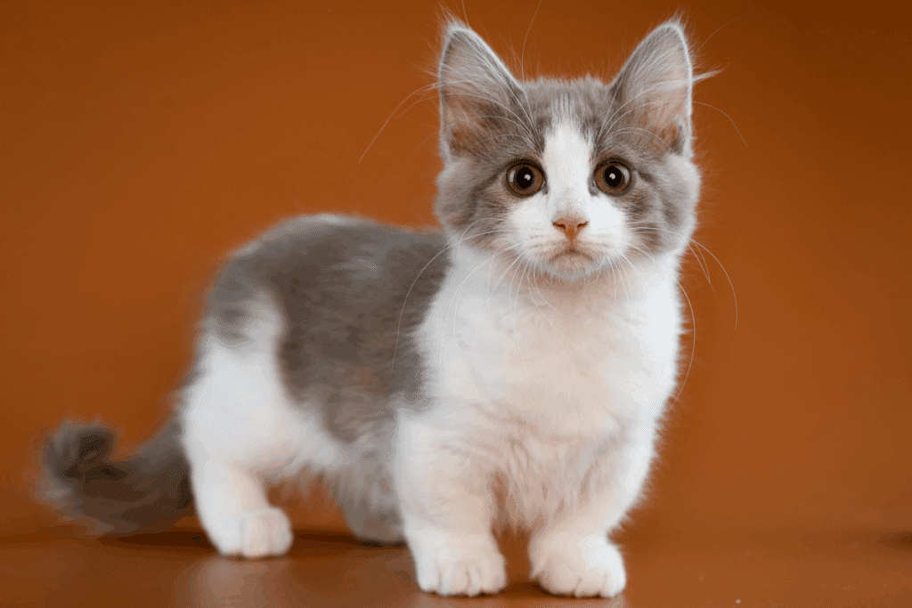 Filhote de gato munchkin cinza e branco, de pelo médio, em pé sobre uma superfície marrom-alaranjada, com as pernas curtas e brancas e a cauda cinza e peluda para trás. O rosto é cinza com uma faixa branca no meio, e ele olha para a câmera com olhos verdes arregalados, nariz rosa e bigodes longos. O fundo é laranja-terroso de estúdio.