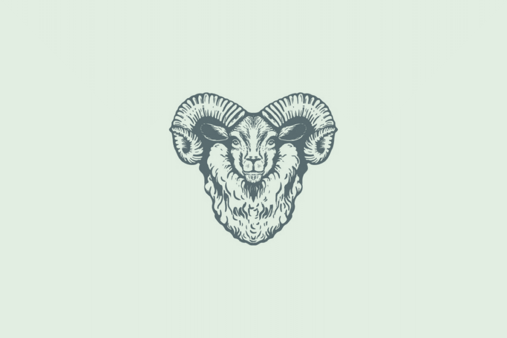 Ilustração em traço de uma cabeça de carneiro vista de frente, com chifres grandes e espiralados e lã volumosa, representando o signo de Áries, sobre fundo verde-claro.