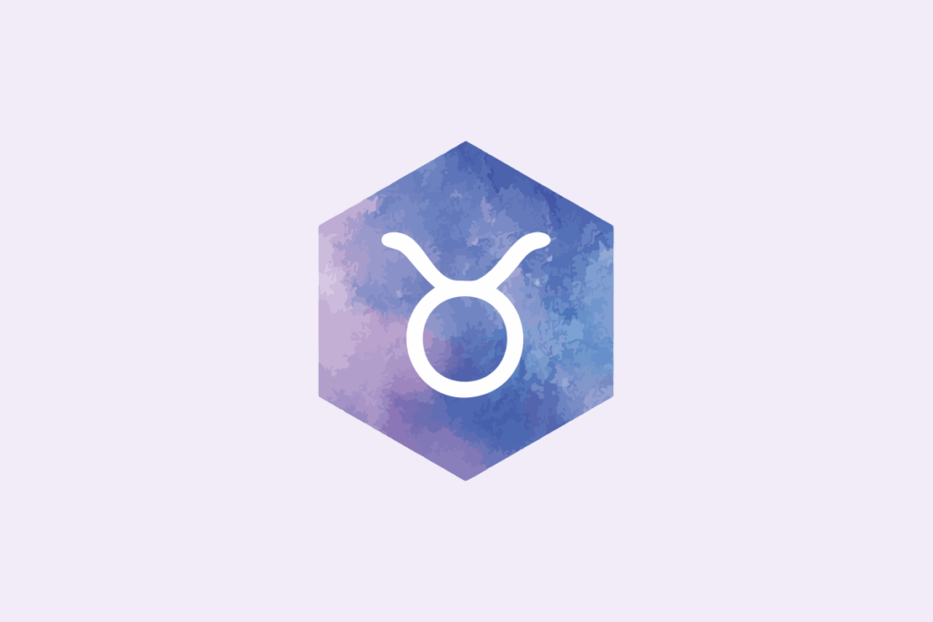 Símbolo do signo Touro: traço branco de um círculo com um meio-círculo em cima, como uma cabeça com chifres, dentro de um hexágono pintado em aquarela azul e lilás; em fundo lavanda-claro.