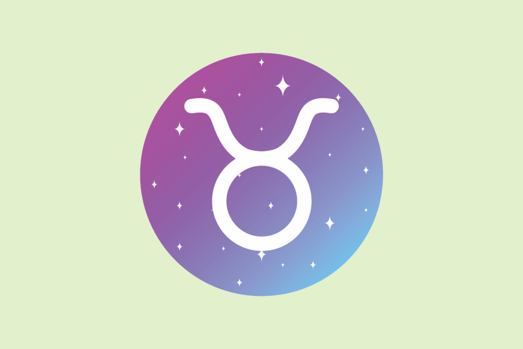 Ilustração do signo Touro: círculo em degradê de roxo para azul, com pequenas estrelas brancas, e no centro o símbolo branco de Touro, um círculo com um meio-arco curvado para cima no topo, lembrando a cabeça e os chifres de um touro; em fundo verde-claro.