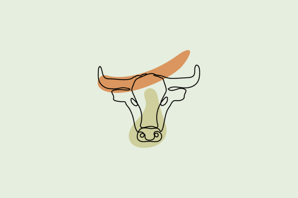 Ilustração do signo Touro: desenho em traço contínuo preto de uma cabeça de touro vista de frente, com chifres longos e curvados para cima e focinho arredondado, sobre manchas orgânicas em laranja e verde; em fundo verde-sálvia.