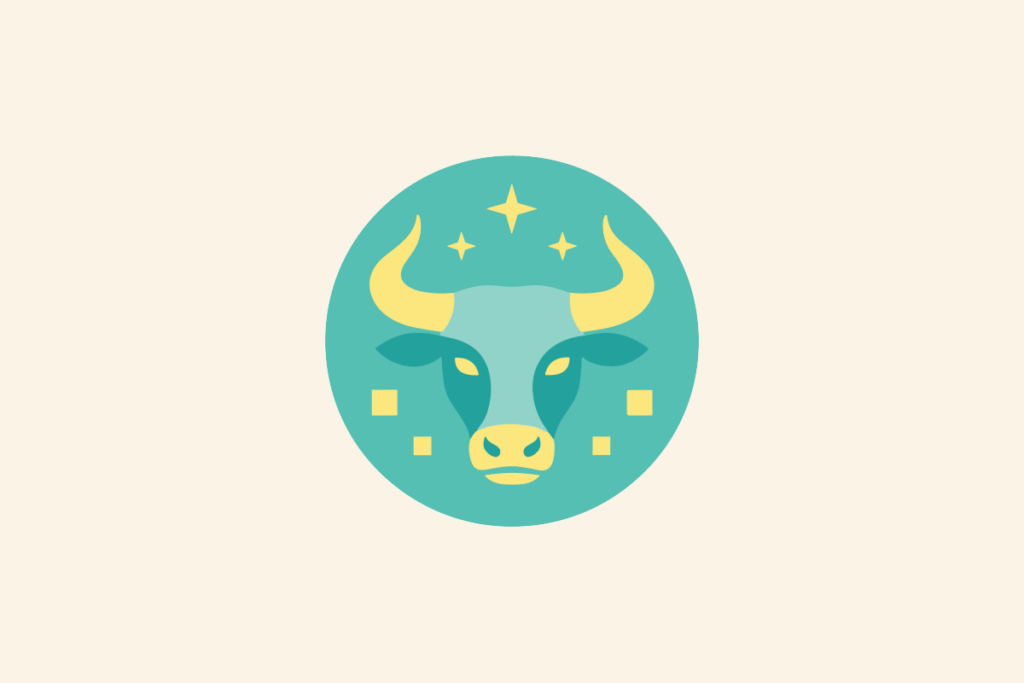 Ilustração do signo Touro: círculo verde-água com a cabeça de um touro vista de frente, com chifres amarelos curvados para cima e focinho amarelo, cercada por estrelas e pequenos quadrados amarelos; em fundo creme.