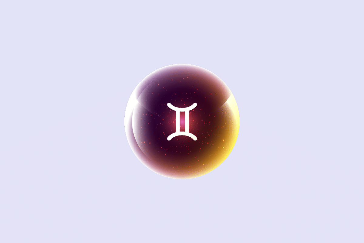 Ilustração do signo Gêmeos, contendo uma esfera brilhante em tons de roxo, rosa e dourado com o símbolo branco de Gêmeos, duas linhas verticais unidas por traços curvos em cima e embaixo, em fundo lavanda.