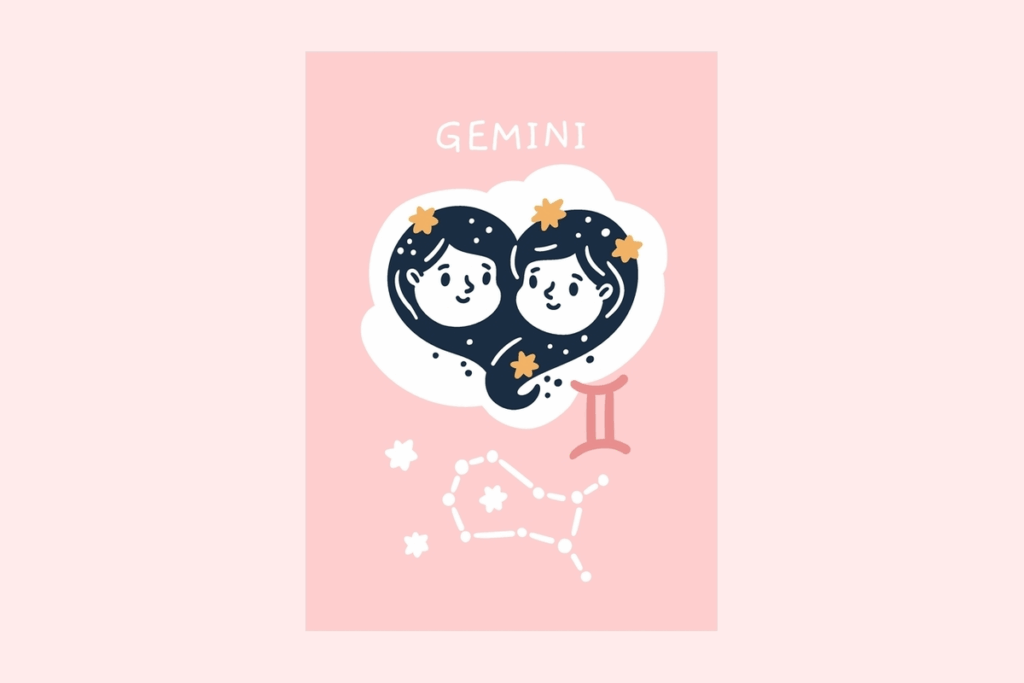 Ilustração do signo Gêmeos, contendo um cartão rosa com o nome GEMINI escrito no topo, duas crianças lado a lado com os cabelos escuros e estrelados unidos em formato de coração, ao lado do símbolo rosa do signo e, abaixo, a constelação de Gêmeos desenhada em branco com pequenas estrelas, em fundo rosa bem claro.