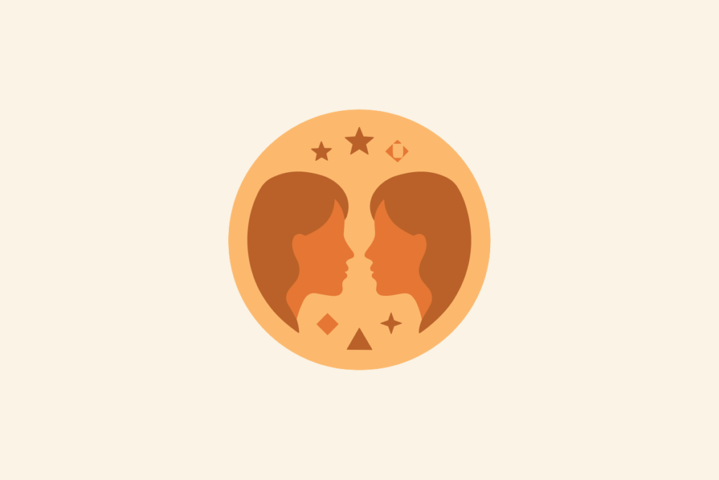 Ilustração do signo Gêmeos: círculo laranja-claro com os perfis de duas mulheres frente a frente, de cabelos longos marrom-avermelhados, com pequenas estrelas e losangos ao redor; em fundo creme.