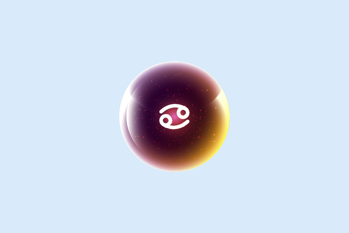 Ilustração do signo Câncer, contendo uma esfera brilhante em tons de roxo, rosa e dourado com o símbolo branco de Câncer, duas espirais deitadas e opostas, em fundo azul-claro.