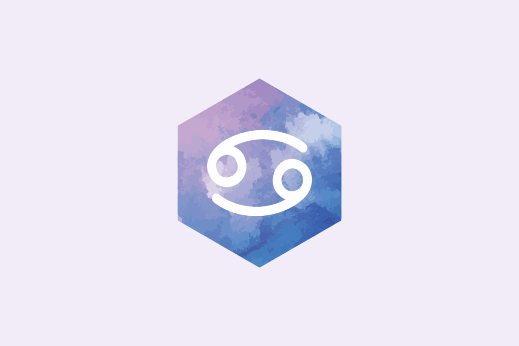 Símbolo do signo Câncer: traço branco de duas curvas espelhadas, cada uma terminando em um pequeno círculo, como o número 69 deitado, dentro de um hexágono pintado em aquarela azul e lilás; em fundo lavanda-claro.