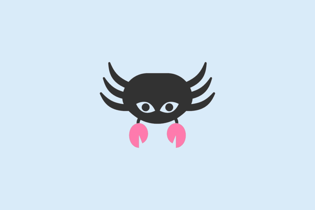 Ilustração do signo Câncer, contendo um caranguejo preto visto de frente, com olhos grandes, patas curvas e garras rosa, em fundo azul-claro.