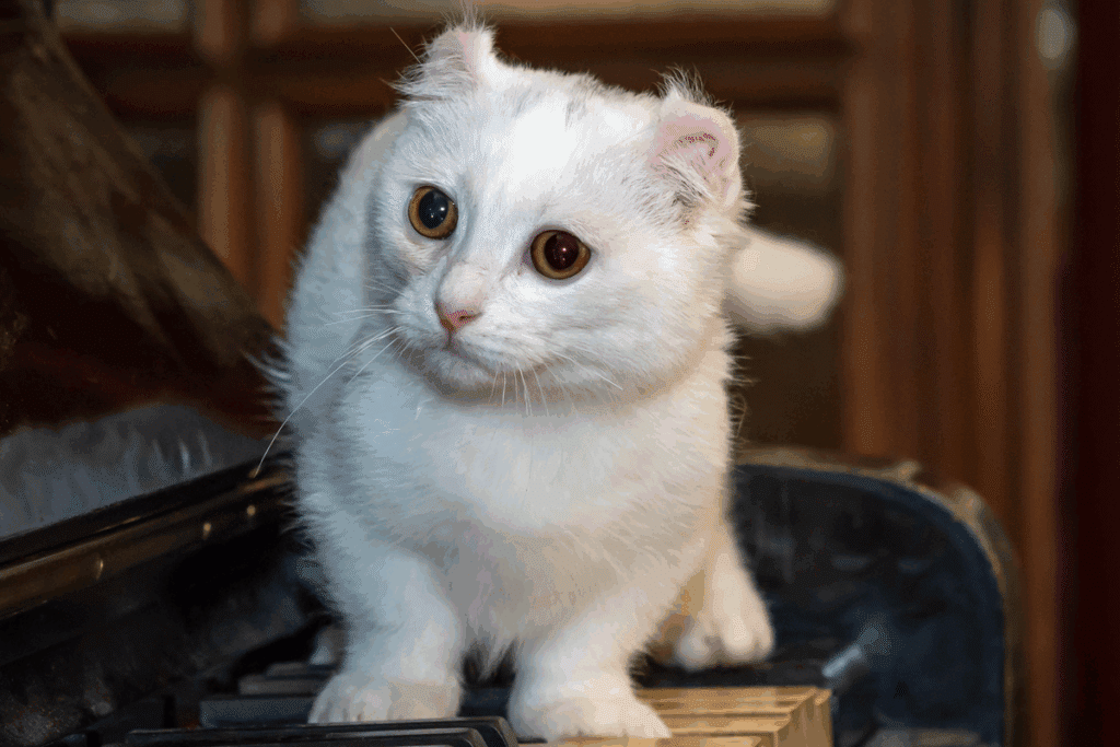 Gato kinkalow branco, de pernas curtas e orelhas curvadas para trás, com olhos cor de âmbar, em pé sobre as teclas de um piano antigo, com a cabeça levemente inclinada. Ao fundo, desfocados, há a tampa escura do piano e uma porta de madeira com vidros.