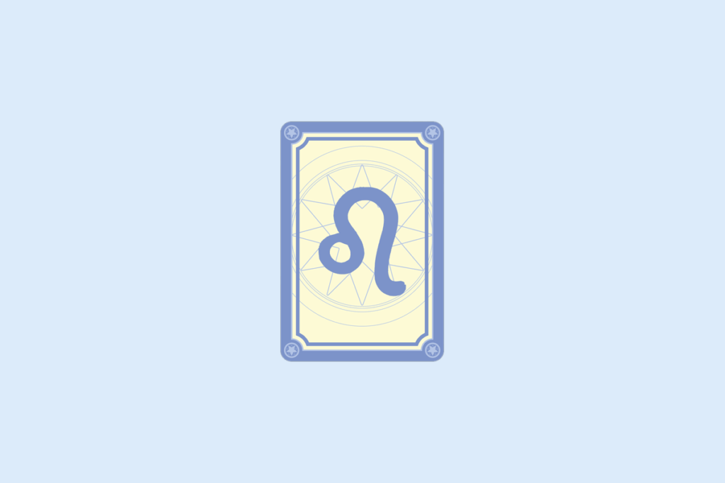 Ilustração do signo Leão: carta com moldura azul-lavanda, cantos decorados com estrelinhas e fundo creme com uma mandala de estrela em linhas finas; no centro, o símbolo de Leão em azul-lavanda, um pequeno círculo do qual sai uma linha em curva que sobe e desce em gancho, lembrando a juba e a cauda de um leão; em fundo azul-claro.