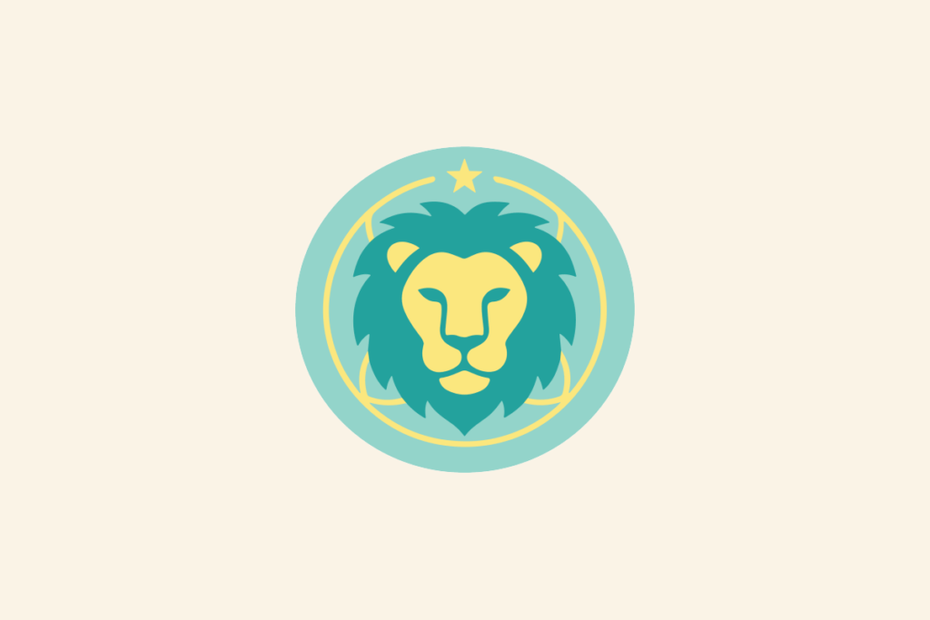 Ilustração do signo Leão: círculo verde-água-claro com a cabeça de um leão vista de frente, com rosto amarelo e juba verde-escura volumosa, dentro de um anel amarelo, com uma estrela no alto; em fundo creme.