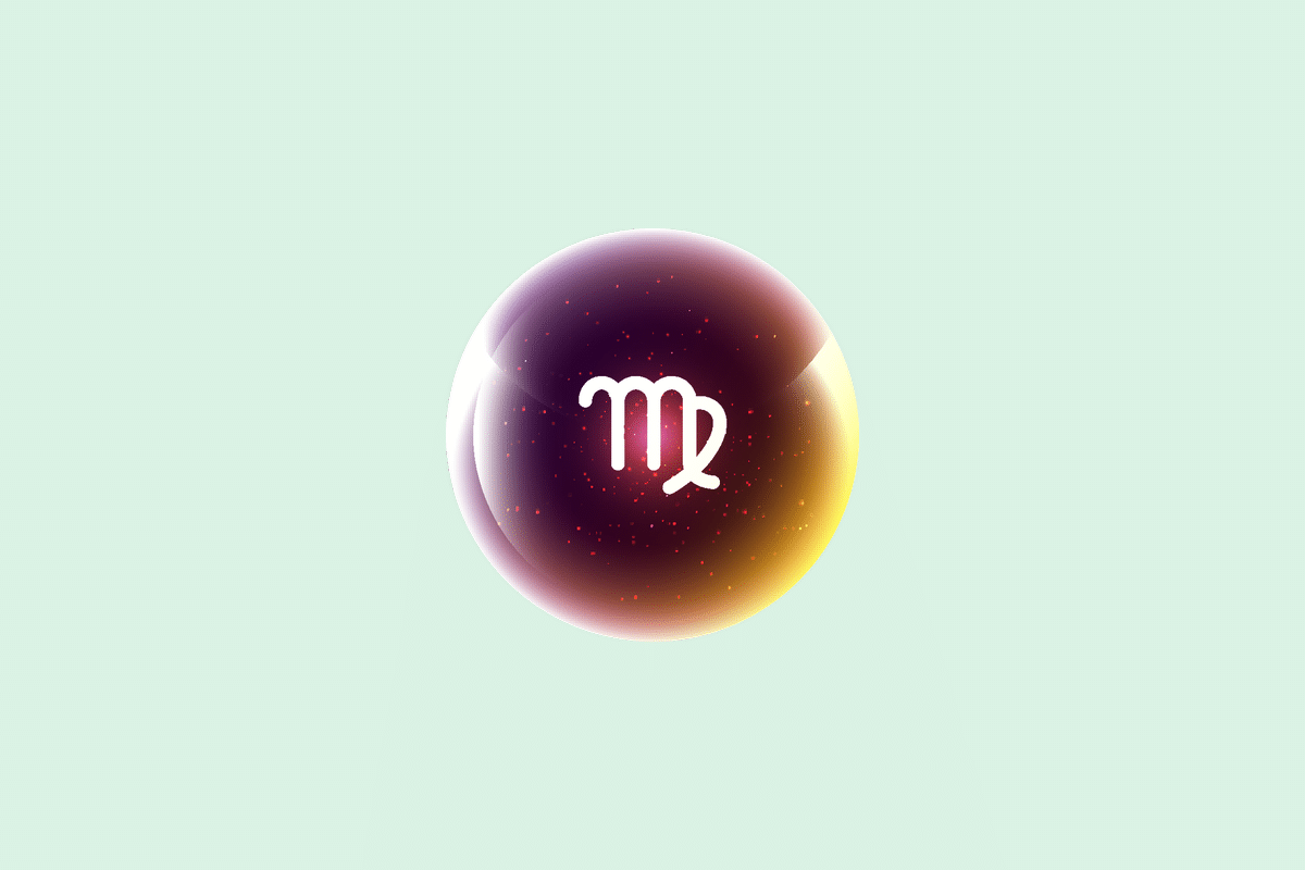 Ilustração do signo Virgem, contendo uma esfera brilhante em tons de roxo, rosa e dourado com o símbolo branco de Virgem, uma letra M com a última perna dobrada e cruzada por um laço, em fundo verde-menta.