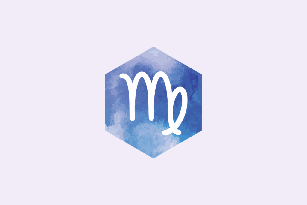 Símbolo do signo Virgem: traço branco de uma letra "m" com uma volta cruzada na última haste, dentro de um hexágono pintado em aquarela azul e lilás; em fundo lavanda-claro.