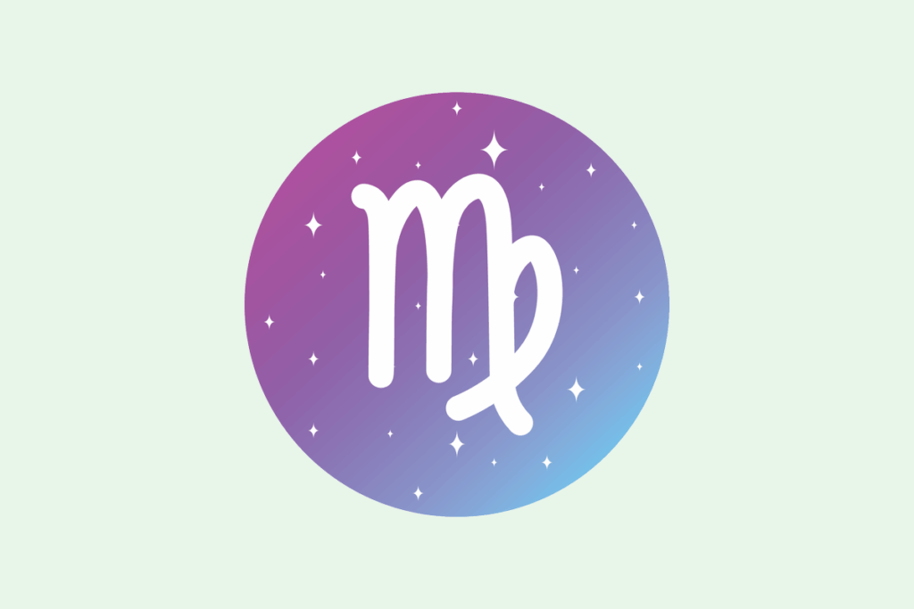 Ilustração do signo Virgem: círculo em degradê de roxo para azul, com pequenas estrelas brancas, e no centro o símbolo branco de Virgem, uma letra "m" cursiva cuja última perna se dobra para dentro e forma um laço cruzado; em fundo verde-menta.