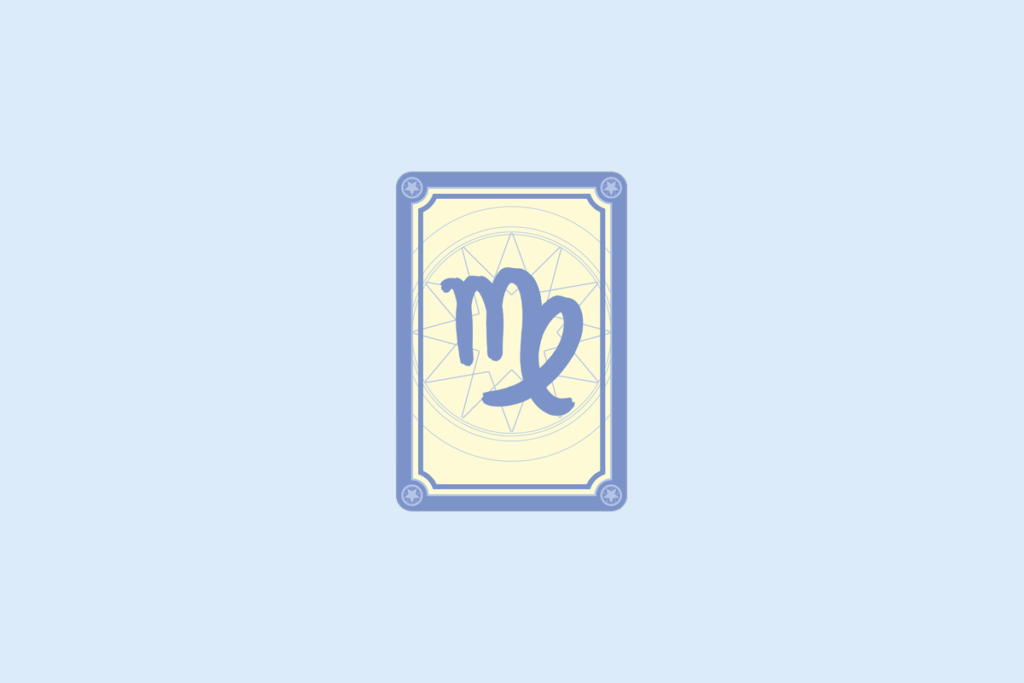Ilustração do signo Virgem: carta com moldura azul-lavanda, cantos decorados com estrelinhas e fundo creme com uma mandala de estrela em linhas finas; no centro, o símbolo de Virgem em azul-lavanda, uma letra "m" cursiva cuja última perna se dobra para dentro e forma um laço cruzado; em fundo azul-claro.