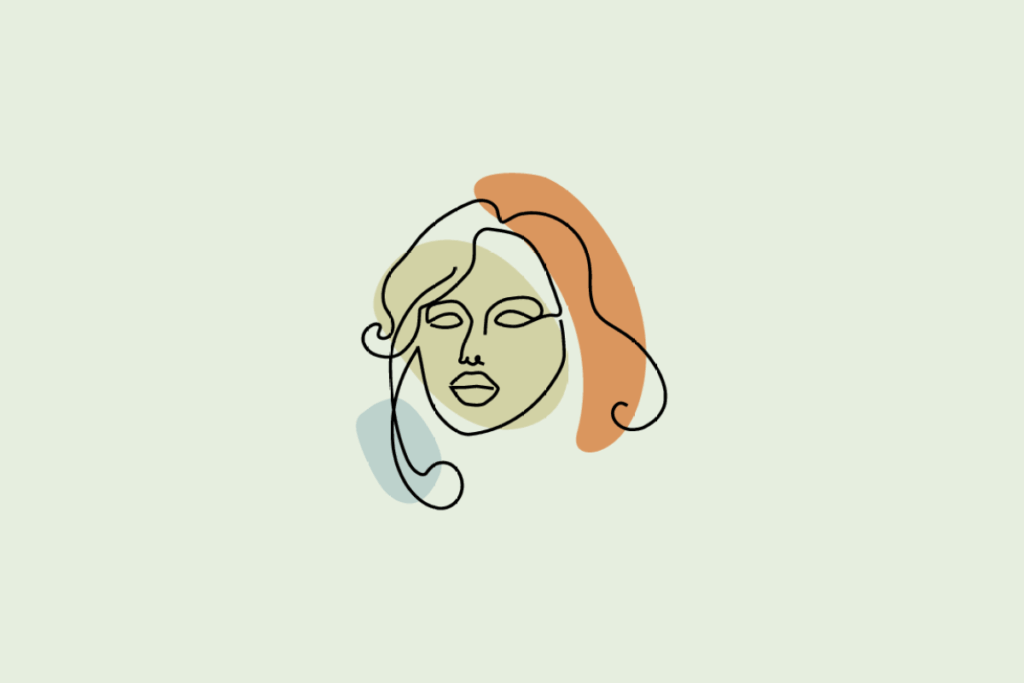 Ilustração do signo Virgem: desenho em traço contínuo preto do rosto de uma mulher de olhos fechados e expressão serena, com cabelos longos caindo ao lado do rosto, sobre manchas orgânicas em laranja, verde e azul-acinzentado; em fundo verde-sálvia.