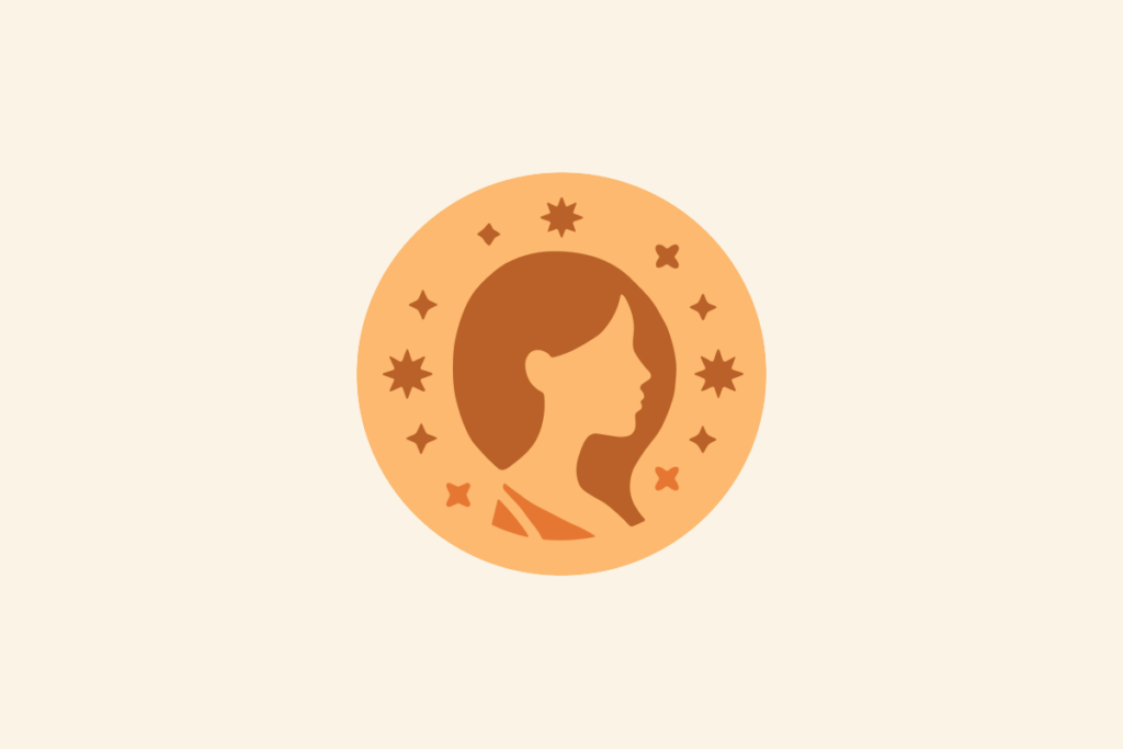 Ilustração do signo Virgem: círculo laranja-claro com o perfil de uma mulher de cabelos longos marrom-avermelhados, voltada para a direita, cercada por estrelas e pequenos ornamentos; em fundo creme.