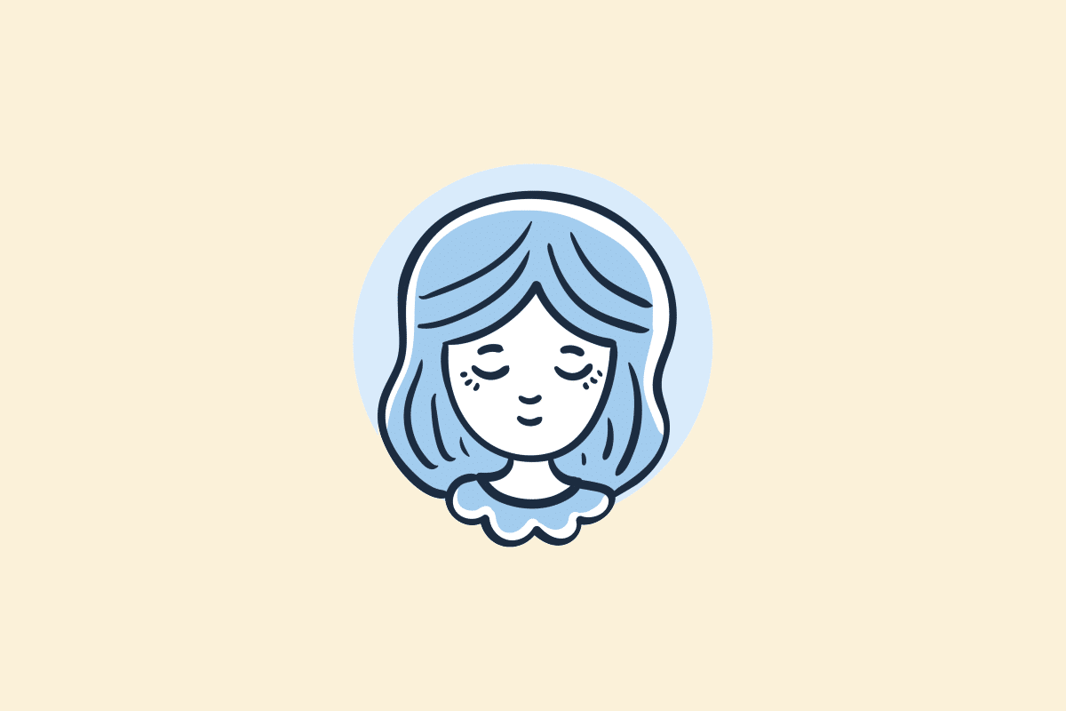 Ilustração do signo Virgem: desenho em estilo de rabisco, com contorno azul-marinho, de uma moça de olhos fechados e sorriso leve, com cabelos azuis na altura dos ombros e gola de babado, sobre um círculo azul-claro; em fundo amarelo-claro.