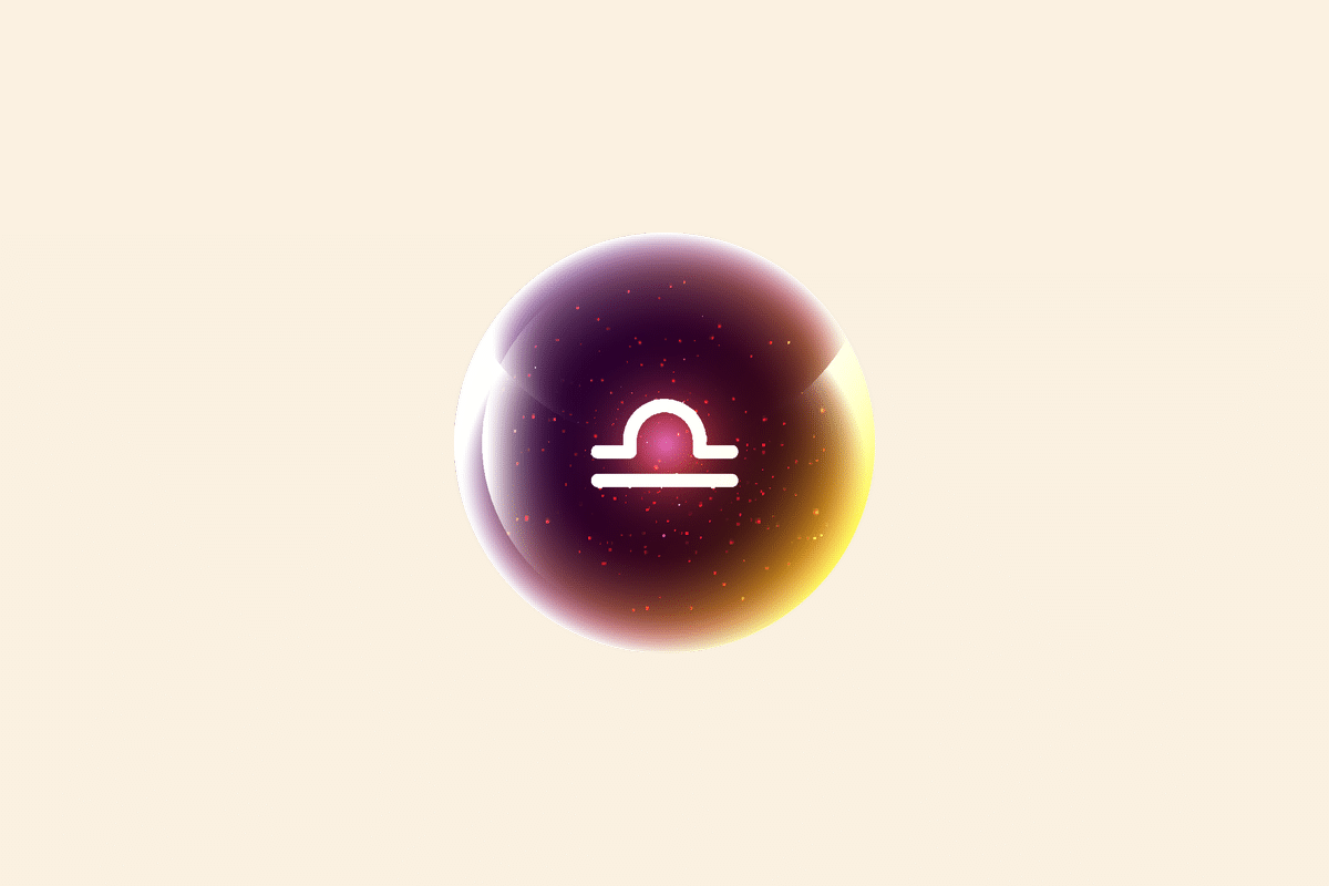Ilustração do signo Libra, contendo uma esfera brilhante em tons de roxo, rosa e dourado com o símbolo branco de Libra, uma linha reta com um semicírculo acima, lembrando os pratos de uma balança, em fundo creme.