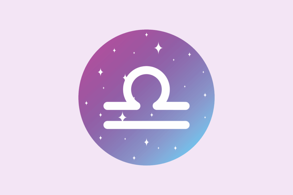 Ilustração do signo Libra: círculo em degradê de roxo para azul, com pequenas estrelas brancas, e no centro o símbolo branco de Libra, um arco semelhante a um sol nascente sobre uma linha horizontal, com outra linha horizontal paralela abaixo, lembrando uma balança; em fundo lilás.