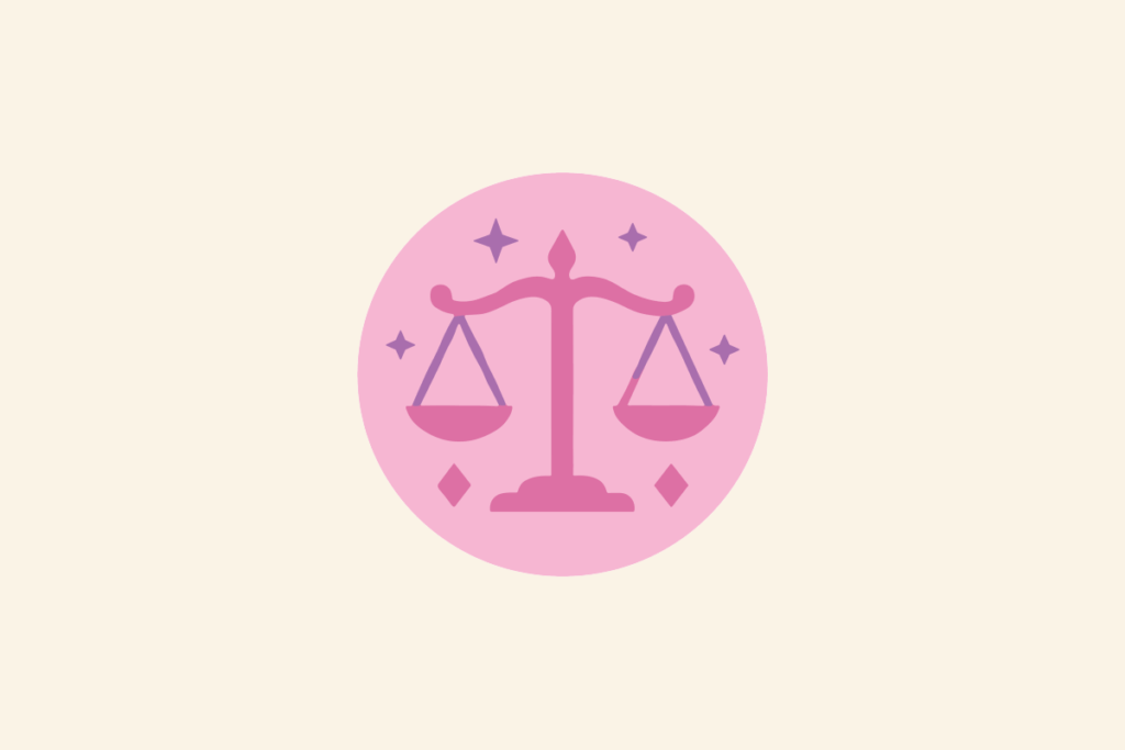 Ilustração do signo Libra: círculo rosa com uma balança antiga rosa-escura, com dois pratos pendurados nas pontas da haste, cercada por estrelas lilás e losangos; em fundo creme.