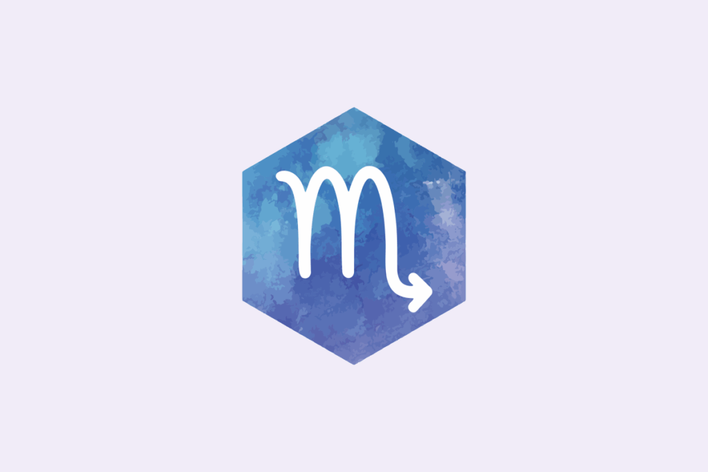Símbolo do signo Escorpião: traço branco de uma letra "m" com a última haste terminando em uma seta, como o ferrão do escorpião, dentro de um hexágono pintado em aquarela azul e lilás; em fundo lavanda-claro.