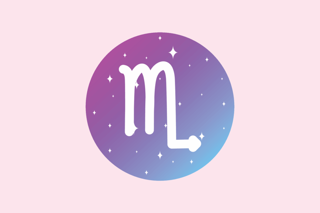 Ilustração do signo Escorpião: círculo em degradê de roxo para azul, com pequenas estrelas brancas, e no centro o símbolo branco de Escorpião, uma letra "m" cuja última perna termina em uma cauda voltada para a direita com uma ponta, como o ferrão de um escorpião; em fundo rosa-bebê.
