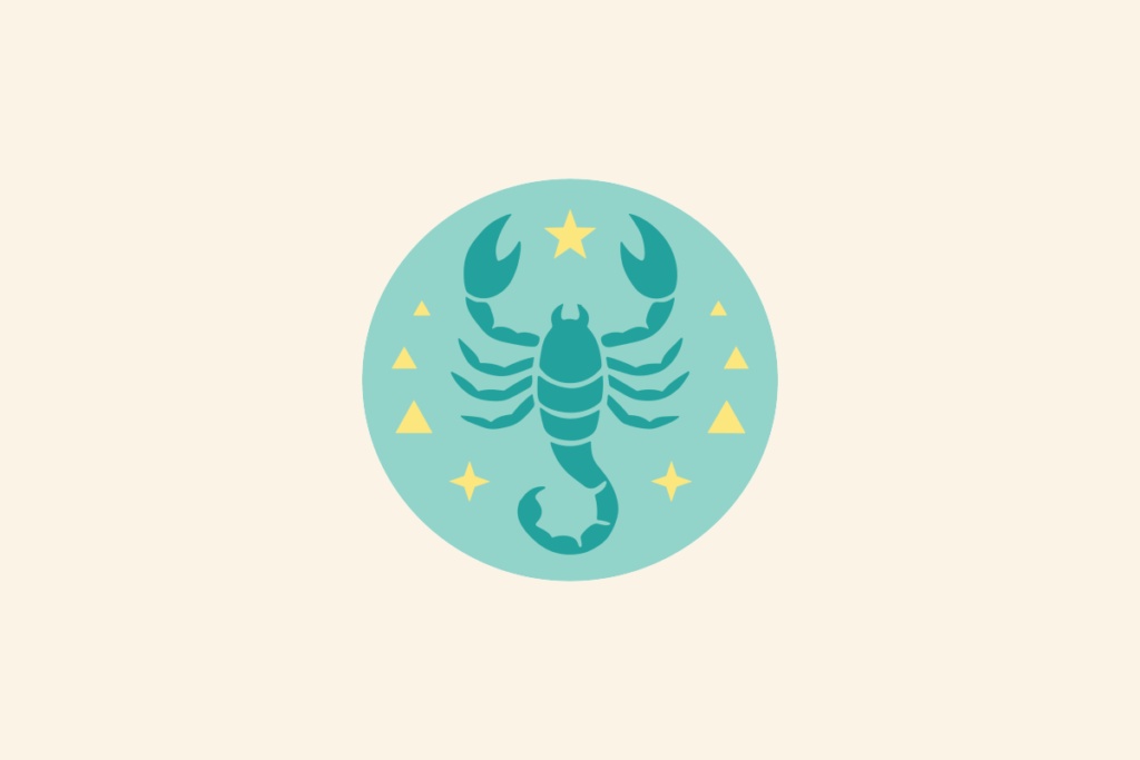 Ilustração do signo Escorpião: círculo verde-água-claro com um escorpião verde-azulado visto de cima, com as pinças erguidas e a cauda curvada para baixo, cercado por estrelas e triângulos amarelos; em fundo creme.