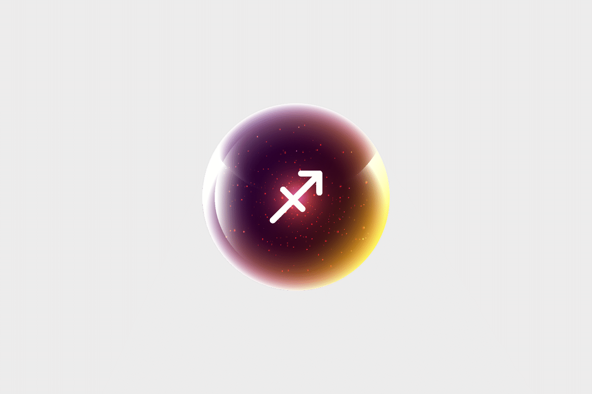 Ilustração do signo Sagitário, contendo uma esfera brilhante em tons de roxo, rosa e dourado com o símbolo branco de Sagitário, uma flecha apontando para cima na diagonal, cruzada por um traço, em fundo cinza-claro.