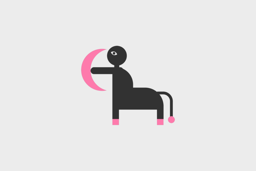 Ilustração do signo Sagitário, contendo um centauro preto, metade humano e metade cavalo, segurando um arco rosa em forma de meia-lua, em fundo cinza-claro.