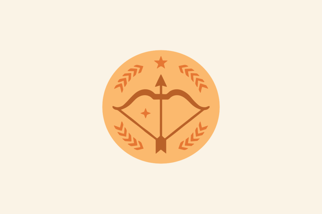 Ilustração do signo Sagitário: círculo laranja-claro com um arco e uma flecha marrons apontando para cima, entre dois ramos de folhas e com uma estrela no alto; em fundo creme.