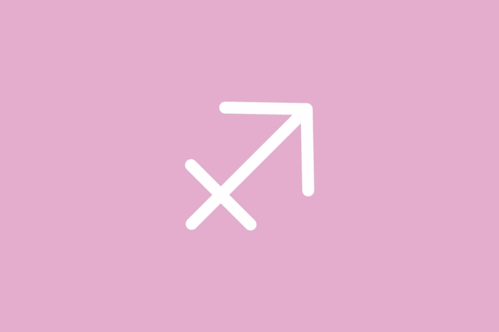 Ilustração do signo de Sagitário, contendo um símbolo branco em forma de flecha diagonal apontando para o canto superior direito, cortada por um pequeno traço perpendicular, no meio, em fundo de cor rosa