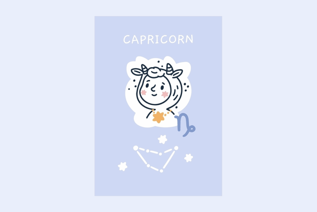 Ilustração do signo Capricórnio, contendo um cartão azul com o nome CAPRICORN escrito no topo, uma criança vestindo um capuz de cabra com chifres e um colar com uma estrela dourada, ao lado do símbolo azul do signo e, abaixo, a constelação de Capricórnio desenhada em branco com pequenas estrelas, em fundo azul bem claro.
