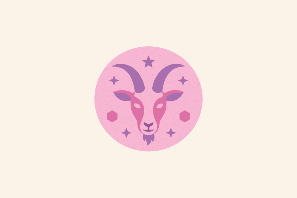 Ilustração do signo Capricórnio: círculo rosa com a cabeça de uma cabra rosa vista de frente, com chifres lilás longos e curvados para trás, cercada por estrelas e hexágonos; em fundo creme.