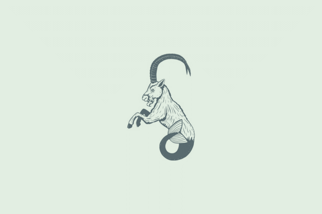 Ilustração em traço de uma criatura com cabeça e patas dianteiras de cabra, chifres longos e curvos e cauda de peixe enrolada, representando o signo de Capricórnio, sobre fundo verde-claro.