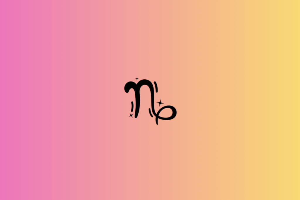 Ilustração do signo de Capricórnio em preto, centralizada sobre um fundo em degradê rosa, pêssego e amarelo-claro. O símbolo apresenta linhas curvas e alongadas que formam uma estrutura semelhante à letra N estilizada, com uma das extremidades prolongada em um laço arredondado à direita. Pequenas estrelas e traços curvos complementam o desenho.