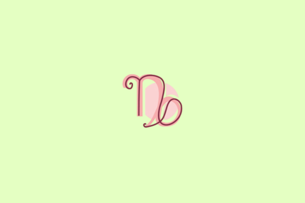 Símbolo do signo de Capricórnio, em vinho escuro com contorno rosa, sobre uma forma rosa-clara. O desenho combina traços verticais com uma curva alongada que termina em um laço à direita. O fundo é verde-claro pastel uniforme.