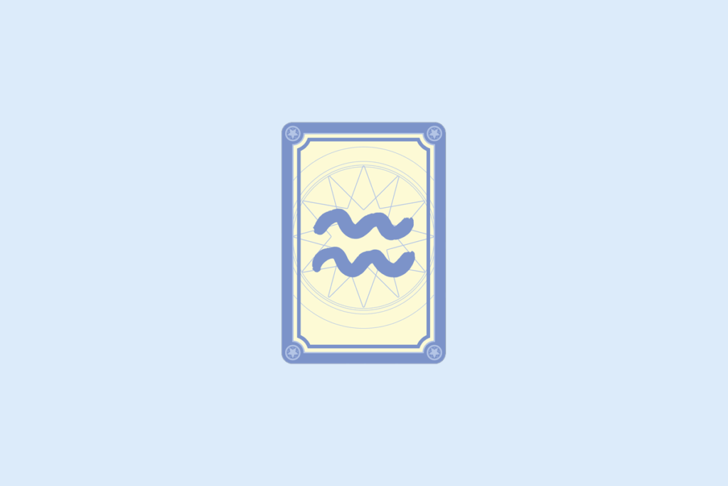 Ilustração do signo Aquário: carta com moldura azul-lavanda, cantos decorados com estrelinhas e fundo creme com uma mandala de estrela em linhas finas; no centro, o símbolo de Aquário em azul-lavanda, duas linhas onduladas paralelas, uma acima da outra, representando ondas de água; em fundo azul-claro.