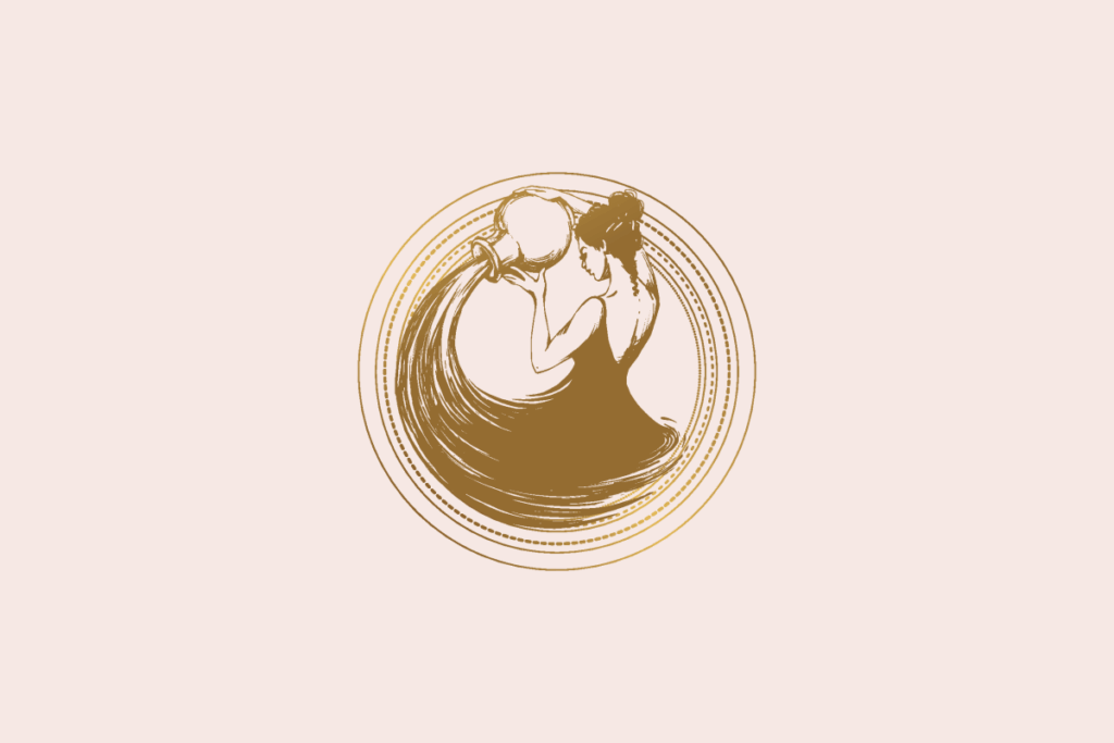 Ilustração do signo Aquário: gravura dourada de uma mulher de costas com um jarro no ombro, derramando água que forma uma grande onda, dentro de um medalhão de anéis dourados finos e pontilhados; em fundo rosa-claro.